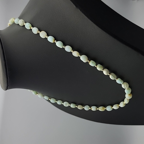 Natural Peru Blue Opal Gems 6 to 8mm Smooth Nugget Beads 17" Silver Necklace - Picture 4 of 11